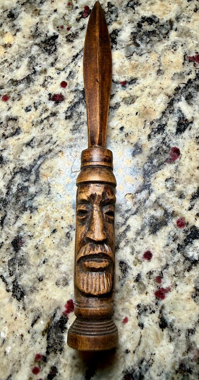 Vintage African Style Hand Carved Wood Letter Opener Face Folk Art Desk Decor